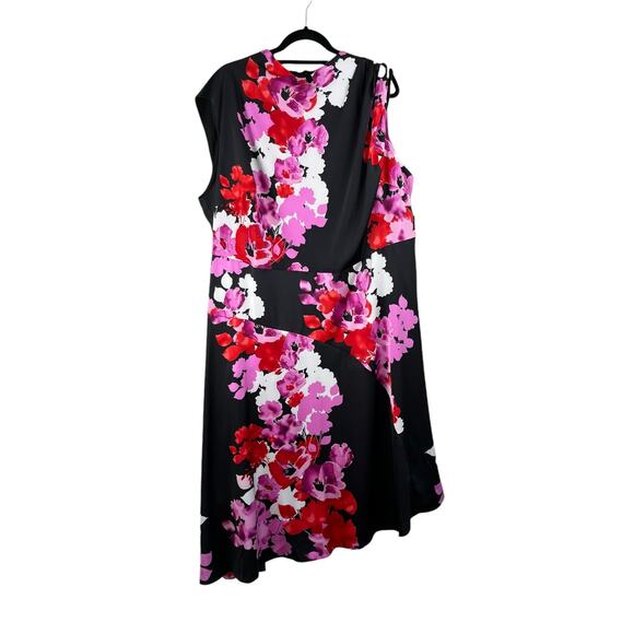 Maggy London Woman Multi Black Floral Asymmetric Charmeuse Midi Dress 24W NWT - Picture 2 of 13
